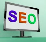 Seo On Monitor Shows Search Engine Optimization Online Stock Photo