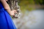 Close Up Beautiful Woman Wear Blue Evening Dress Sound Saxophone Stock Photo