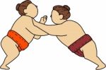 Rikishi Sumo Wrestler Pushing Side Mono Line Stock Photo