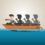 Cartoon Business Team Rowing On Sea Stock Photo