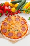 Italian Original Thin Crust  Pepperoni Pizza Stock Photo