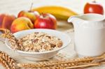 Bowl Of Muesli For Breakfast With Fruits Stock Photo