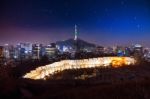 View Of Downtown Cityscape And Seoul Tower In Seoul, South Korea Stock Photo