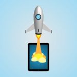 Technology And Business Start Up Soar Rocket Tablet Background Stock Photo