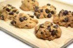 Chocolate Chip Cookies On Wood Tray Stock Photo