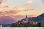 Picturesque Slovenia, Bled Lake And Town In The Evening Stock Photo