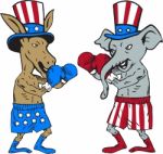 Democrat Donkey Boxer And Republican Elephant Mascot Cartoon Stock Photo