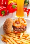 Classic Hamburger Sandwich And Fries Stock Photo