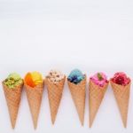 Various Of Ice Cream Flavor In Cones Blueberry ,strawberry ,pist Stock Photo