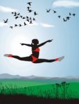 An Young Girl Flying With Birds Stock Photo