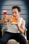 Man Eating Spaghetti Stock Photo
