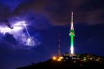 Seoul Tower At Night. Namsan Mountain In Korea Stock Photo