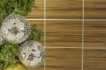 Glass Ball Ornaments On A Christmas Tree Background Plywood Floor With Wood Pattern With Clipping Path Stock Photo