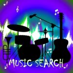 Music Search Indicates Gathering Data And Acoustic Stock Photo