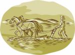 Farmer And Horses Plowing Field Oval Etching Stock Photo