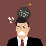 Businessman With Debt Bomb On His Head Stock Photo