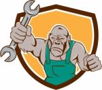 Angry Gorilla Mechanic Spanner Shield Cartoon Stock Photo