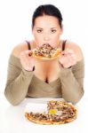 Chubby Woman And Tastefully Pizza Stock Photo