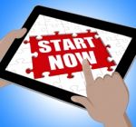 Start Now Tablet Shows Commence Or Begin Immediately Stock Photo