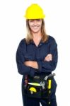 Attractive Architect Woman With Yellow Hard Hat Stock Photo