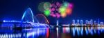 Rainbow Fountain Show At Expo Bridge And Firework Festival In Daejeon,south Korea Stock Photo