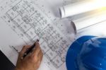 Workplace Of Architect - Architect Rolls And Plans.architectural Stock Photo
