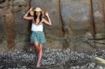 Woman Standing On Stones  Stock Photo