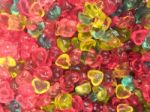 Colorful Heart Shape Jelly Candy Snack Group. Sweet For Valentines Day Background Stock Photo