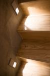 Wooden Stairs Step With Wall Light Stock Photo