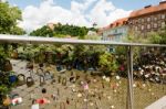 View Over Love Lockers To The Old Clock Tower On Schlossberg, Castle Hill, In Graz, Austria Stock Photo