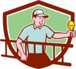 Electrician Ladder Light Bulb Shield Cartoon Stock Photo