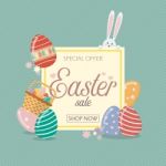 Easter Sale Banner Template With Bunny Rabbit And Eggs Stock Photo