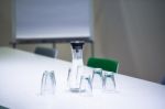 Water Bottle And Glasses In Meeting Room Stock Photo