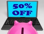 Fifty Percent Off Laptop Means Web Sale Price Reduced 50 Stock Photo