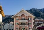 View Of The Cavallino Bianco Hotel In Ortisei Stock Photo