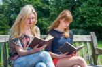 Two Girls Reading Books On Bench In Nature Stock Photo