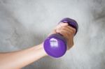 Woman Hand Holding Violet Dumbbell Stock Photo