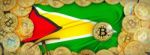 Bitcoins Gold Around Guyana  Flag And Pickaxe On The Left.3d Ill Stock Photo