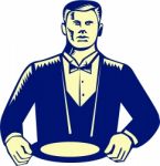 Waiter Cravat Serving Plate Woodcut Stock Photo