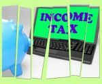 Income Tax Piggy Bank Means Taxation On Earnings Stock Photo