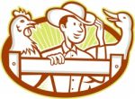 Farmer With Chicken Goose Cartoon Stock Photo