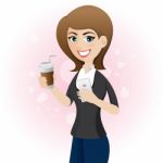 Cartoon Cute Girl With Cup Of Coffee And Smart Phone Stock Photo