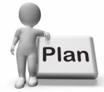 Plan Button With Character Shows Objectives Planning And Organiz Stock Photo