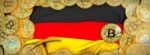 Bitcoins Gold Around Germany  Flag And Pickaxe On The Left.3d Il Stock Photo