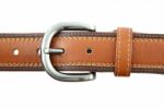 Metal Head Of Long Brown Belt On White Background. Stock Photo
