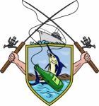 Fishing Rod Reel Blue Marlin Beer Bottle Coat Of Arms Drawing Stock Photo