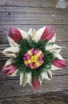 Beautiful Natural Material Krathong Of Thailand On Wooden Table Stock Photo