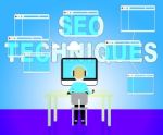 Seo Techniques Shows Internet Search Engines Strategy Stock Photo