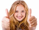 Closeup Of Women Showing Thumbs Up In Both Hands Stock Photo