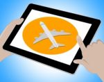 Plane Tablet Indicates World Aviation And Traveller Stock Photo